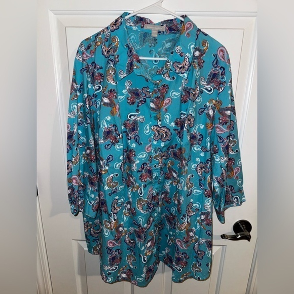 Woman Within Plus Three Quarter Sleeve Shirt Teal Pink White Paisley 2X 4X 26/28